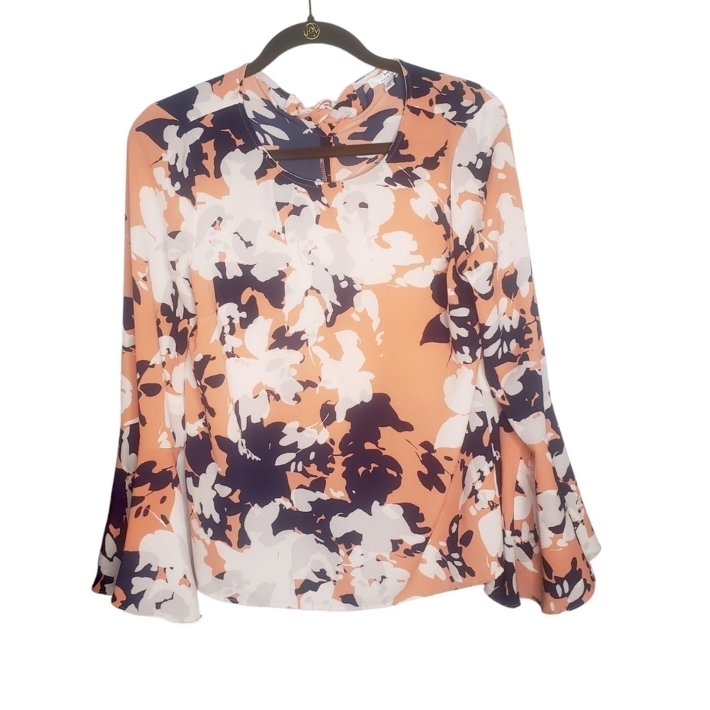 H by Halson pink black white floral boho long sleeve tunic tie back size s/p